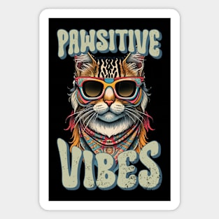 Pawsitive Vibes, Retro Groovy Style Hippie Cat Lover Design Magnet